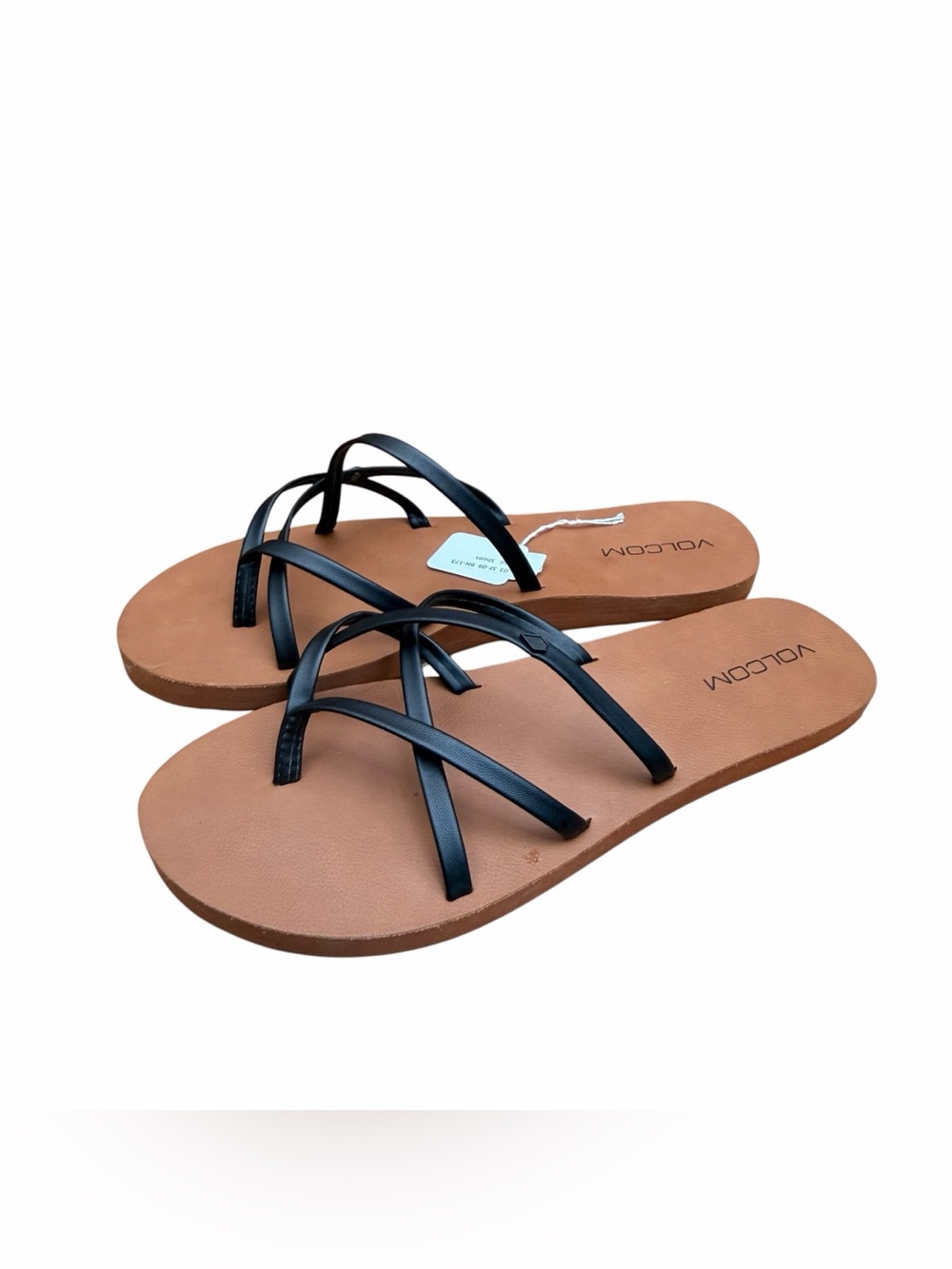 Volcom Women's size  9.5 Black Strappy Tan Footbed Sandals